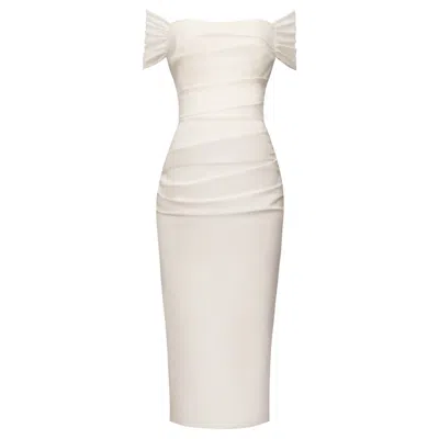 Alina Cernatescu Women's Zeya Midi Drapped Off Shoulder Tencel White Dress