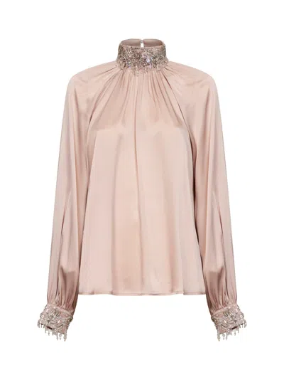 Alina Champagne Silk-blend Satin Gathered Blouse With Embroidery In Pink