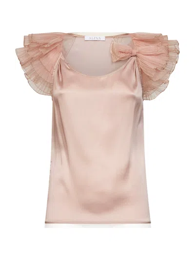 Alina Champagne Silk-blend Satin Top With Pleated Sleeves And Bow In Pink