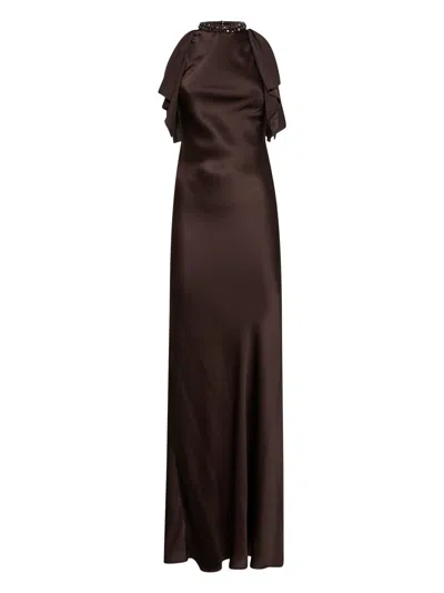Alina Dark Brown Satin Crystal-embellished Long Dress