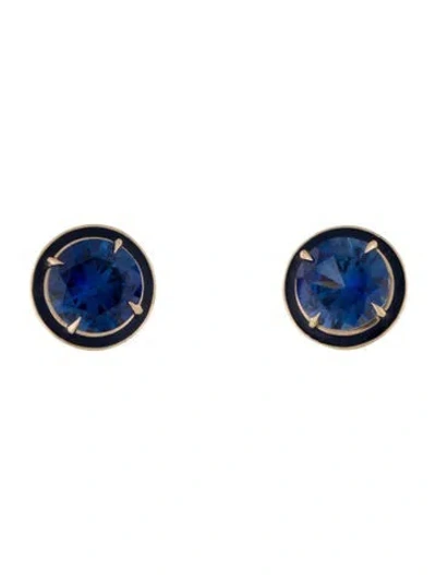 Pre-owned Alison Lou 14k 9.10ctw Synthetic Sapphire & Enamel Stud Earrings In Blue