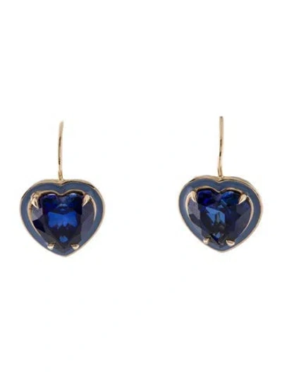 Pre-owned Alison Lou 14k 9.77ctw Synthetic Sapphire Enamel Heart Cocktail Drop Earrings In Blue