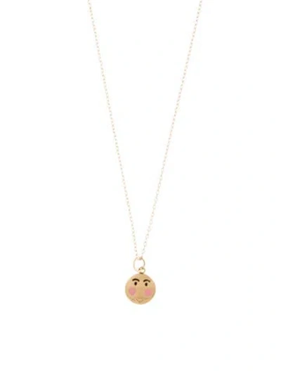 Pre-owned Alison Lou 14k Enamel Blushing Face Pendant Necklace, 18" In Multi