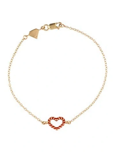 Pre-owned Alison Lou 14k Enamel Heart Streamer Station Bracelet, 6.5" In Red