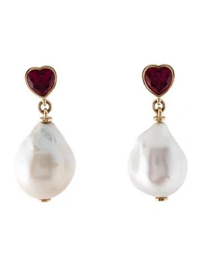 Pre-owned Alison Lou 14k Pearl & 1.61ctw Synthetic Ruby Drop Earrings In Multi