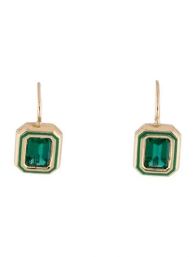 Pre-owned Alison Lou 14k Synthetic Emerald & Enamel Cocktail Drop Earrings In Green