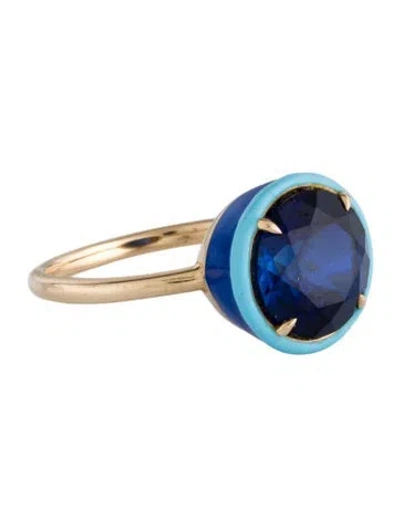 Pre-owned Alison Lou 14k Synthetic Sapphire & Enamel Cocktail Ring In Blue