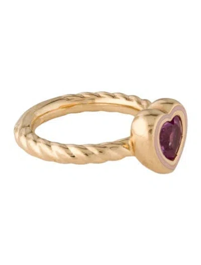 Pre-owned Alison Lou 14k Synthetic Sapphire & Enamel Heart Cocktail Ring In Pink