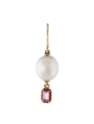 Pre-owned Alison Lou 14k Synthetic Sapphire & Pearl Single Drop Earring In Red