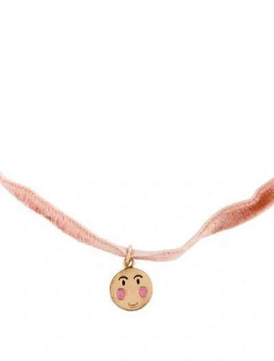 Pre-owned Alison Lou 14k Velvet & Enamel Blushing Face Choker Necklace, 16" In Black/pink