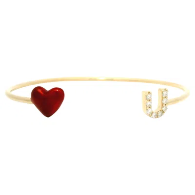 Pre-owned Alison Lou 14k Yellow Gold Diamond Red Enamel Heart Love You Open Cuff Bracelet