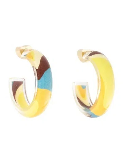 Pre-owned Alison Lou Lucite Small Groovy Print Jelly Hoop Earrings In Blue/brown/yellow