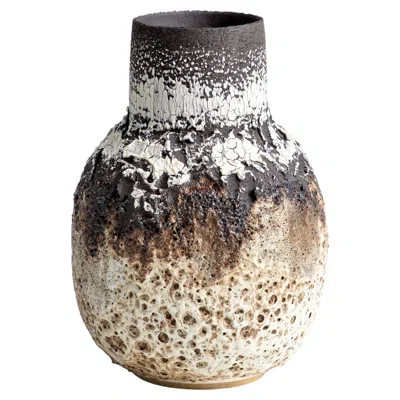 Pre-owned Alison Lousada Black, White & Mocha Large Heavily Textured Stoneware, Porcelain Volcanic Vessel