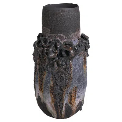 Pre-owned Alison Lousada Denim Blue, Blush Pink And Black Volcanic Vase With Lava Rock In Red