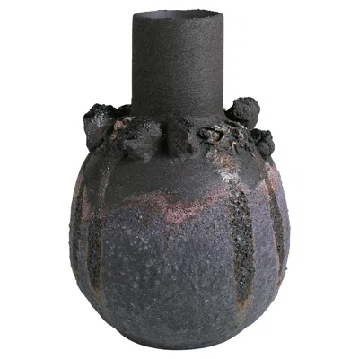 Pre-owned Alison Lousada Extra Large Blue And Black Stoneware Clay Volcanic Hand-crafted Textured Vessel