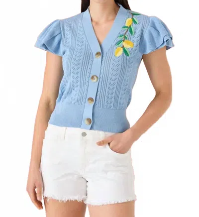 Alivia Kenzie Short Sleeve Cardigan In Sky Blue Lemon Embroidery
