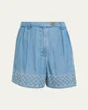 Alix Of Bohemia Deena Embroidered Chambray Shorts In Animal Print