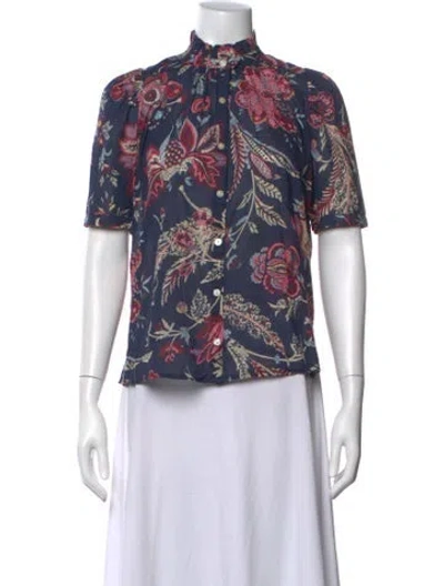 Pre-owned Alix Of Bohemia Floral Print Short Sleeve Blouse In Blue