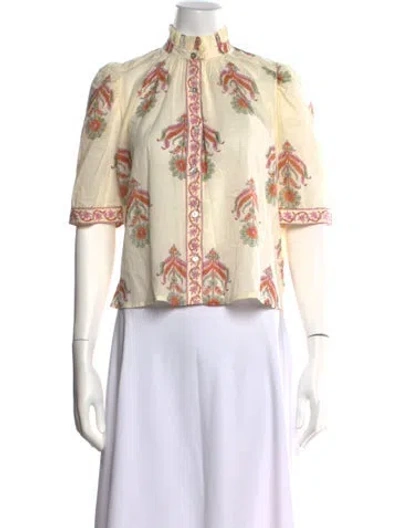 Pre-owned Alix Of Bohemia Floral Print Short Sleeve Blouse In White