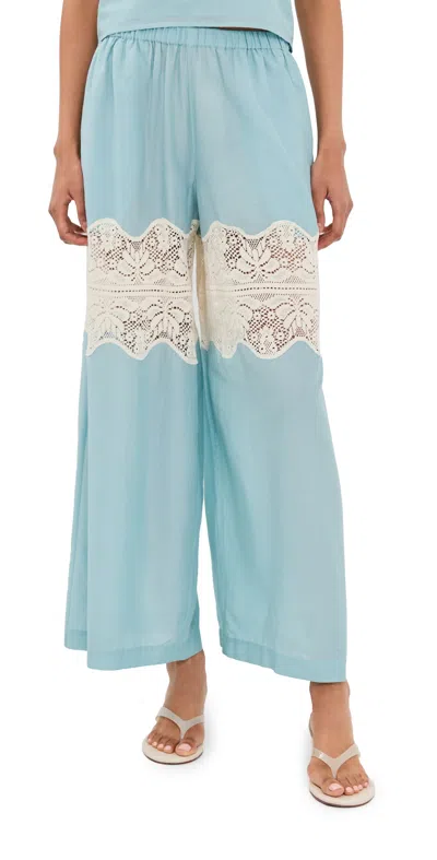 Alix Of Bohemia Margie Sky Lace-trimmed Cotton And Silk-blend Wide Leg Pants In Blue