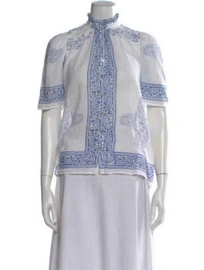 Pre-owned Alix Of Bohemia Printed Short Sleeve Blouse In White
