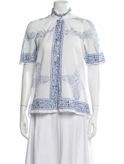 Pre-owned Alix Of Bohemia Printed Short Sleeve Blouse In White