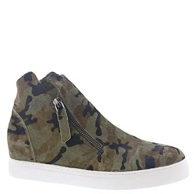 All Black Women's Fur Top & Zip Wedge Sneakers In Camouflage In Green