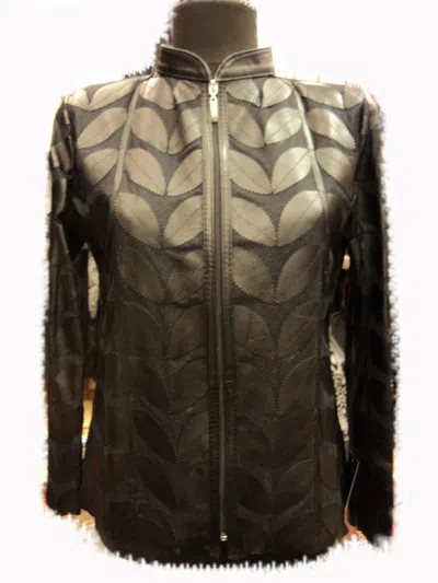 Pre-owned All Seasons Black Leather Coat Woman Jacket Leaf Design Zip Light Short Lambskin All Size D1