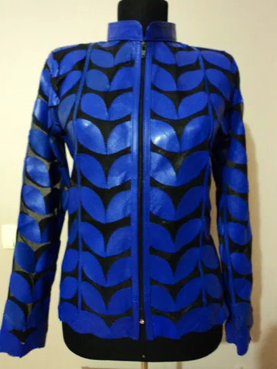 Pre-owned All Seasons Blue Plus Size Leather Coat Woman Jacket Leaf Design Zip Light Short Lambskin D1