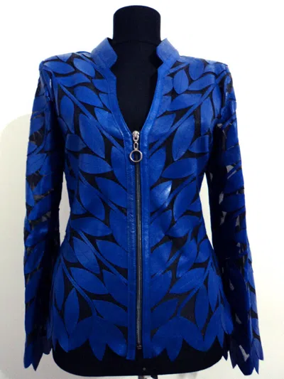Pre-owned All Seasons Blue Woman Leather Jacket Women Coat Zipper Short Light V Collar All Size D12