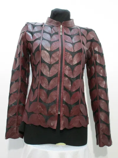 Pre-owned All Seasons Burgundy Leather Coat Woman Jacket Leaf Design Zip Light Short Soft All Size D1