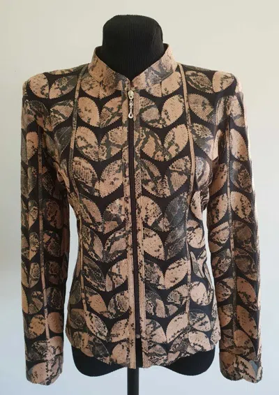 Pre-owned All Seasons Cream Snake Pattern Plus Size Leather Leaf Jacket Women Soft Genuine Lambskin D1