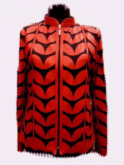Pre-owned All Seasons Orange Leather Coat Woman Jacket Leaf Design Zip Light Short Lambskin Collar D1 In Red