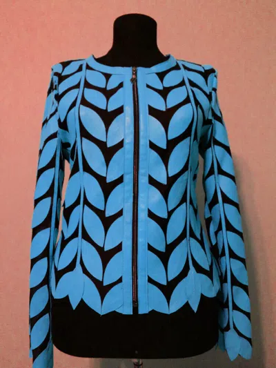Pre-owned All Seasons Round Neck Light Blue Short Real Leather Leaf Jacket Womens All Colors Sizes D11
