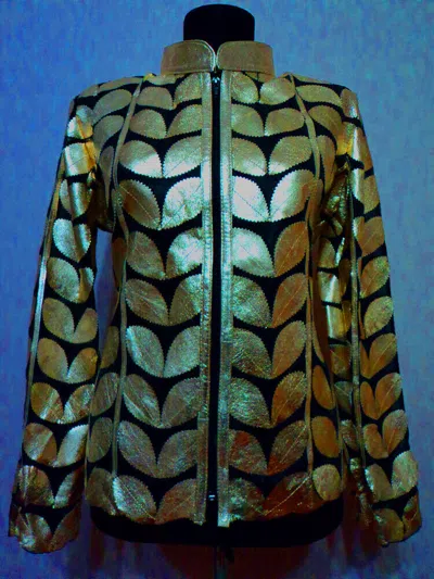 Pre-owned All Seasons Silver Leather Coat Woman Jacket Leaf Design Zip Light Short Lambskin Collar D1 In Gold