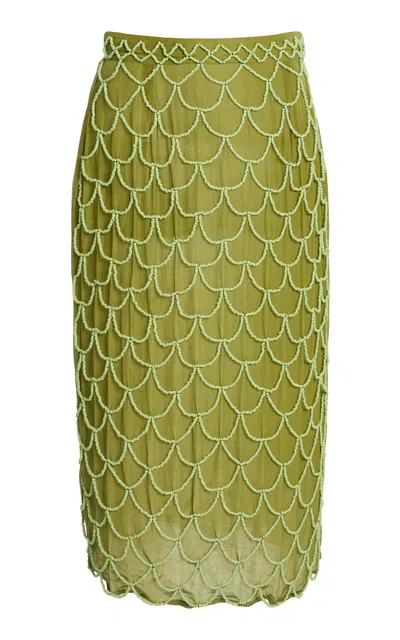 All That Remains Exclusive La Isla Mika Fringed Beaded Cotton Midi Skirt In Green