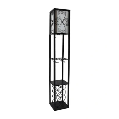 All The Rages Simple Designs Floor Lamp Etagere Organizer Storage Shelf And Wine Rack With Linen Shade In Black