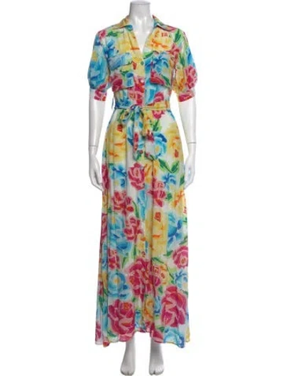 Pre-owned All Things Mochi Floral Print Long Dress In Blue