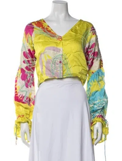 Pre-owned All Things Mochi Floral Print V-neck Crop Top In Yellow