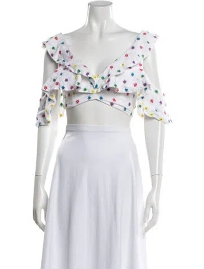 Pre-owned All Things Mochi Linen Floral Print Crop Top In White