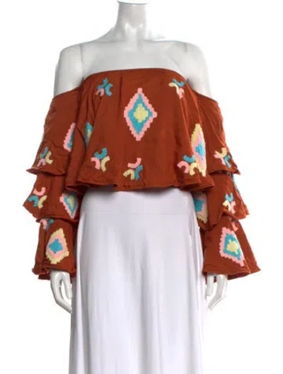 Pre-owned All Things Mochi Patterned Off-the-shoulder Crop Top In Orange