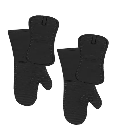 All-clad Ribbed Silicone Cotton Twill Potholders Oven Mitts, Set Of 4 In Black