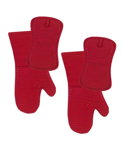 All-clad Ribbed Silicone Cotton Twill Potholders Oven Mitts, Set Of 4 In Red