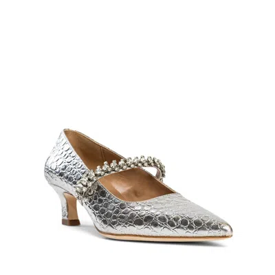 ALLEGRA JAMES WOMEN'S ANTONELLA SILVER EVENING NIGHT OUT EMBOSSED LEATHER KITTEN HEEL PUMP