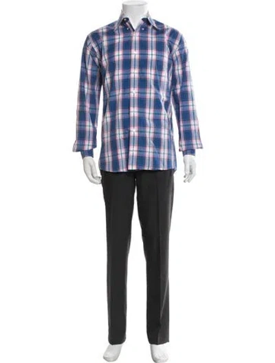 Pre-owned Allen Edmonds Plaid Print Long Sleeve Dress Shirt In Blue