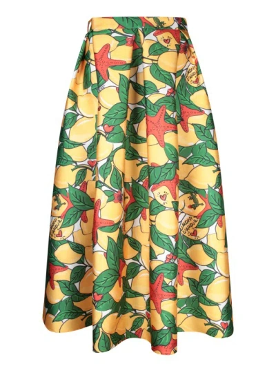 Allesandro Enriquez Full-circle Duchesse Fabric Skirt. High-waisted. All-over Lemon And Starfish Print. In Orange
