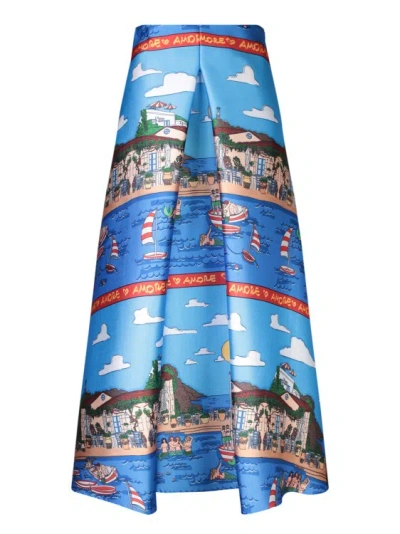 Allesandro Enriquez Long Skirt In Satin Fabric. A-line Design With Vivid Landscape Print. Invisible Side Zip Closure. In Blue