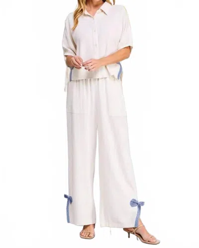 Allie Rose Alessandra Linen Gingham Bow Shirt & Pant Set In Beige In White