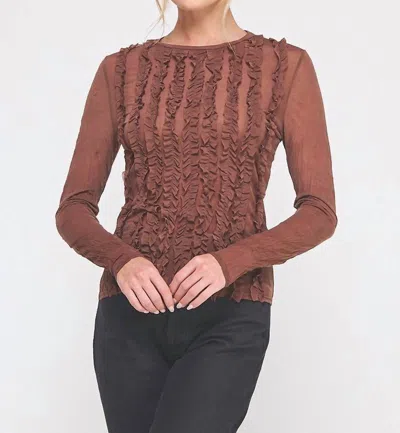 Allie Rose Brynn Crinkled Silky Sheer Long Sleeve Blouse In Brown