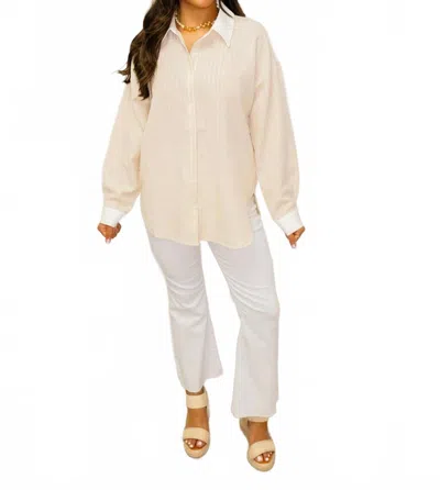 Allie Rose Button Up Top In Sand Stripe In Neutral